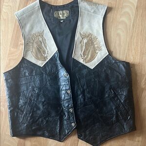 Alex Creacions Handmade Black Leather Sleeveless Vest W/Horses suede Size 44